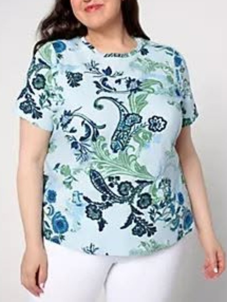 Denim & Co. Blue Floral Paisley Jersey Cotton Knit Tee- Short Sleeves 5x Nwt
